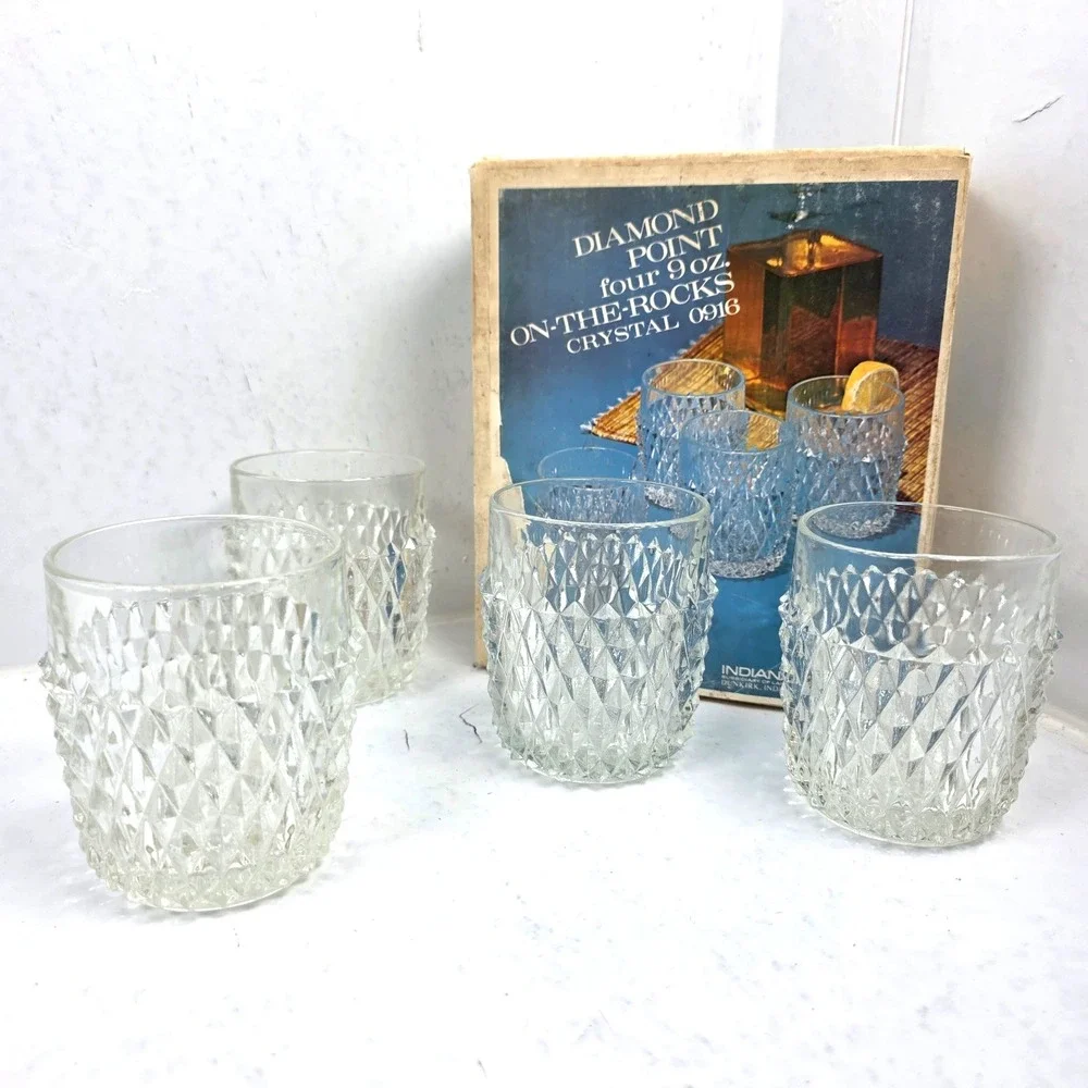 Vtg Indiana Glass Diamond Point Set of 4 Crystal Old Fashioned Rocks Glasses 9oz